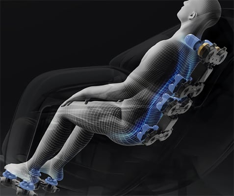 An illustration of an individual and the position of the massage rollers of the Ootori Nova N802 Massage Chair
