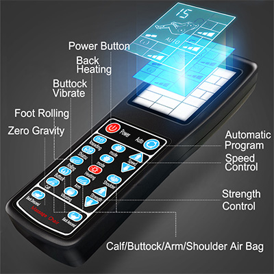 Labels on the basic controls of the Ootori Nova N802 Massage Chair's remote control