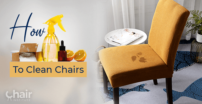 A stained yellow accent chair and cleaning materials