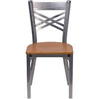 Natural Wood Seat/Clear Coated Metal Frame, Flash Furniture Hercules "X" Back Restaurant Chair, Small