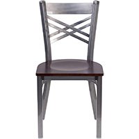 Walnut Wood Seat/Clear Coated Metal Frame, Flash Furniture Hercules "X" Back Restaurant Chair, Small