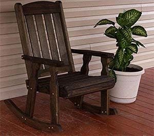 Dark Walnut Stain, Amish Rocking chair on Patio.