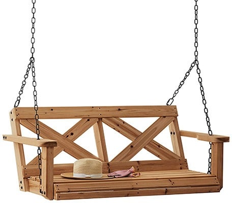 Hanging Backyard Discovery Farmhouse Porch Swing with a hat and gloves placed on it