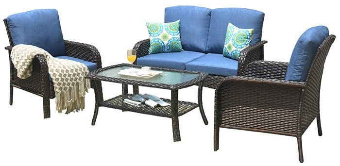 Right Front View, Ovios 4 Piece Rattan Patio Set, Brown Blue Color