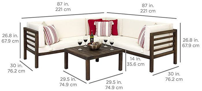 All 4 pieces of the Best Choice Products 4-Piece Acacia Outdoor Furniture Set with labels of their dimensions