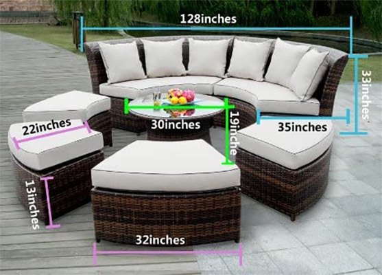 Dimension Stats, Ohana 7 Piece Round Wicker Patio Furniture Set, Round Couch Set