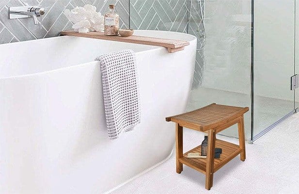 Uses in a Bathroom, Rose Home Fashion Teak Shower Stool Bench, Natural Wood Color