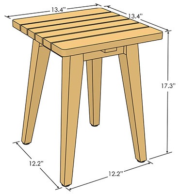 The Asta Solid Teak Square Shower Stool with labels of its dimensions