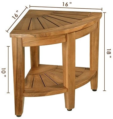 The 18" Teak Wood Corner Shower Stool by Rose Home Fashion with labels of its dimensions
