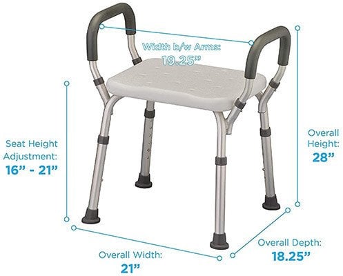 The Nova Shower and Bath Chair with labels of its dimensions