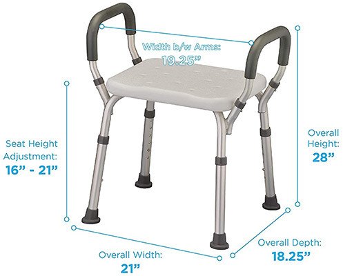 The NOVA Shower and Bath Seat with Arms with labels of its dimensions