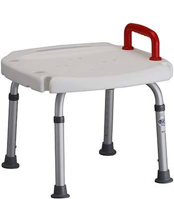 The Nova Bath Bench with Red Safety Handle featuring a white molded plastic seat 