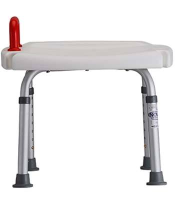 The Nova Shower Bench with Red Safety Handle featuring four tubed aluminum legs