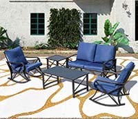  A complete set of the Patio Festival 5 Piece Patio Conversation Furniture set with blue upholstery