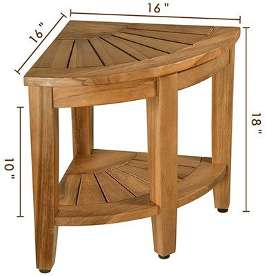 The Rose Home Fashion Teak Corner Shower Stool with labels of its dimensions
