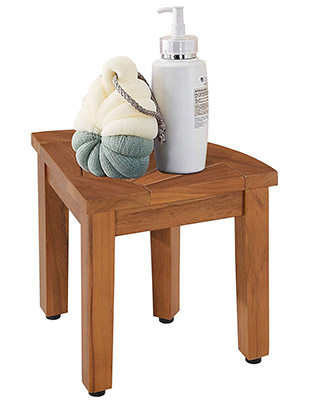 13.5" Teak Shower Foot Stool with shower toiletries on it