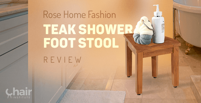 Rose Home Fashion Teak Shower Foot Stool with bath accessories in a bathroom