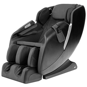 AmaMedic R7 Massage Chair with black faux leather upholstery, black exterior, and silver highlights