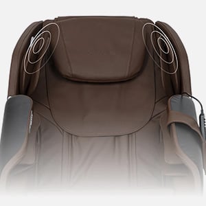 AmaMedic R7 Massage Chair with brown upholstery and with Bluetooth speakers on the sides of the headrest