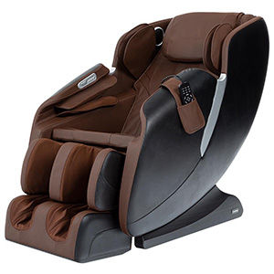 AmaMedic R7 Massage Chair with dark brown faux leather upholstery, black exterior, and silver highlights