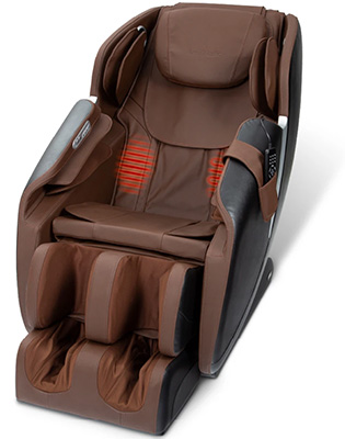 AmaMedic R7 Massage Chair with brown faux leather upholstery, black exterior, and two heating coils on the outer seatback