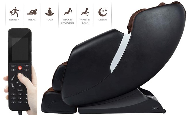 AmaMedic R7 massage chair with black exterior and brown upholstery, with wired remote and six massage routines