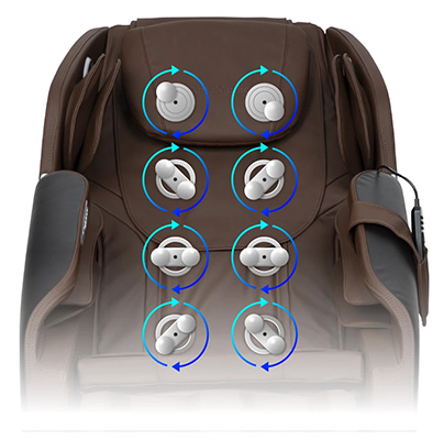 AmaMedic R7 massage chair in dark brown faux leather upholstery, with eight fixed rollers on the seatback, and wired remote