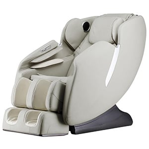 AmaMedic R7 Massage Chair with white faux leather upholstery, white exterior, black base, and silver highlights