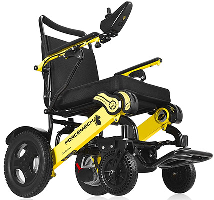 Forcemech Navigator Electric Wheelchair with sturdy aluminum alloy frame, and different sizes for front and rear wheels
