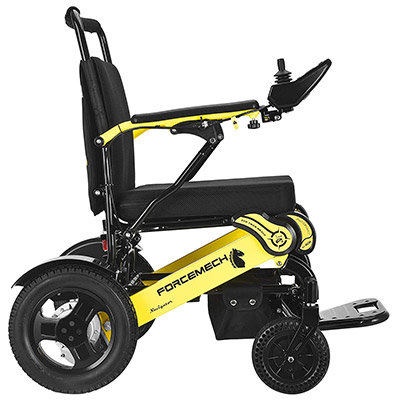 Forcemech Navigator Power Wheelchair with mesh-covered cushion, black and yellow aluminum alloy frame
