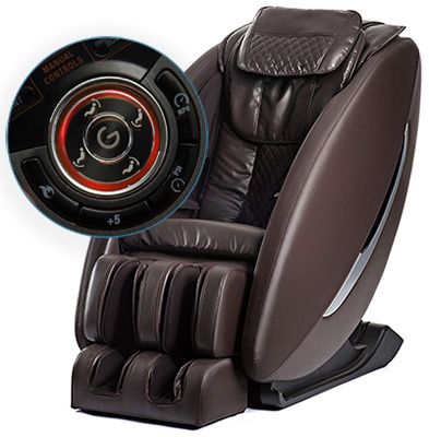 Inner Balance Ji Massage Chair with brown faux leather upholstery and the buttons for the massage techniques on the remote