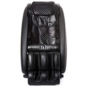 Inner Balance Ji massage chair with black faux leather upholstery, black exterior, and cushion on the headrest
