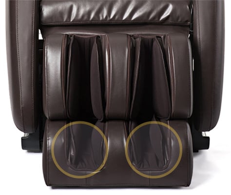 Ji massage chair brown variant's faux leather-covered leg ports with airbags for the calves and feet plus foot rollers