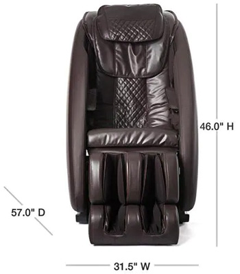 Inner Balance Ji Massage Chair with rich brown upholstery and its dimensions when sitting upright