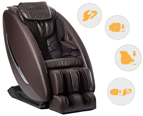 Ji Massage Chair with rich brown faux leather upholstery, faux leather-wrapped exterior, and the chair's massage techniques