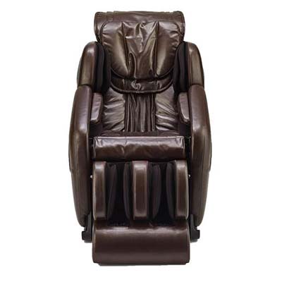 Jin massage chair with espresso-colored PU upholstery and exterior, thick seat cushion, and PU-wrapped leg ports