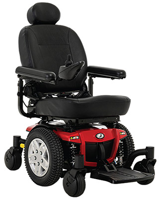Jazzy 600 ES Power Chair with black faux leather upholstery, red base, and high back rest