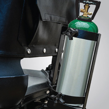 Pride Jazzy 600ES oxygen tank holder installed behind the seat