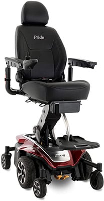 Jazzy Air 2 elevated wheelchair with captain's seat, black frame and upholstery, and red and silver base