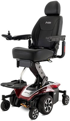 Jazzy Air 2 wheelchair with an elevated captain's seat, an all-black upholstery and frame, with red and silver base