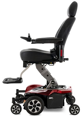 Pride Jazzy Air 2 wheelchair with elevating seat up to 12 inches, large footplate, joystick, and flip-up armrests