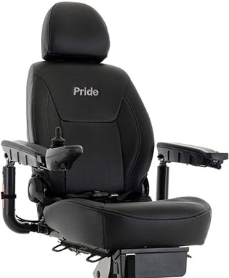 Pride Jazzy Air Powerchair's black captain's seat with thick cushion for the seat, back and headrest