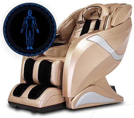 Hubot Massage Chair champagne variant with an illustration of the human body for the chair's body scanning technology
