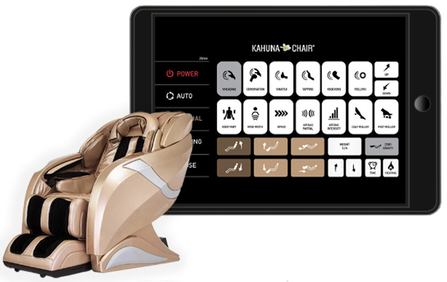 Kahuna HM-078 Massage Chair champagne variant and its features and functions controlled via the app on a black tablet