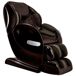 Monarch massage chair with black finish for the exterior and brown PU upholstery for the seat and inner leg ports