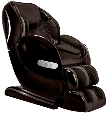 Osaki OS-Monarch massage chair in brown variant, with dark brown PU upholstery and a wired remote beside the arm airbags