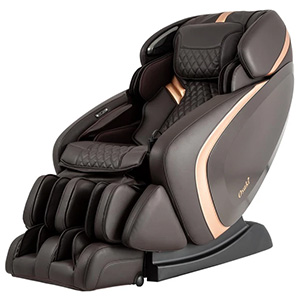 Admiral massage chair with dark brown PU upholstery and exterior, black base, and rose gold highlights