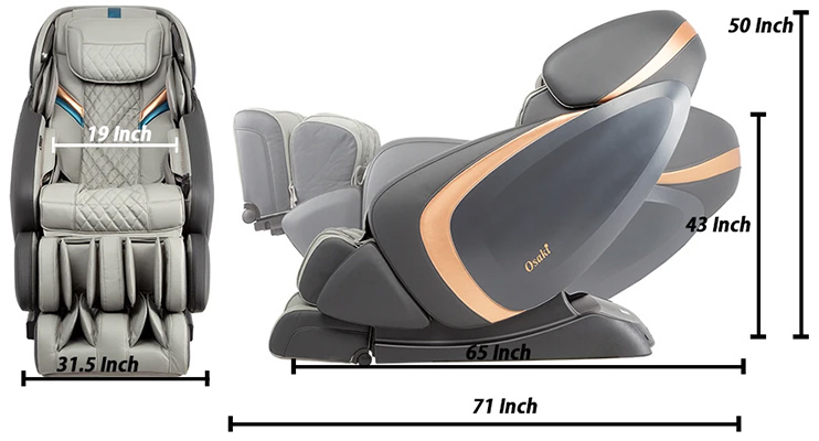Admiral Massage Chair dimensions when upright and reclined, with light grey PU upholstery and dark grey base and exterior