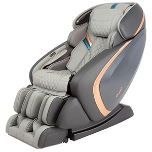 Admiral massage chair with light grey PU upholstery, dark grey exterior, black base, and rose gold highlights
