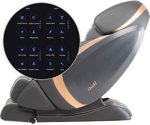 Osaki Pro Admiral with dark grey exterior and rose gold highlights plus the chair's 16 pre-programmed massage options